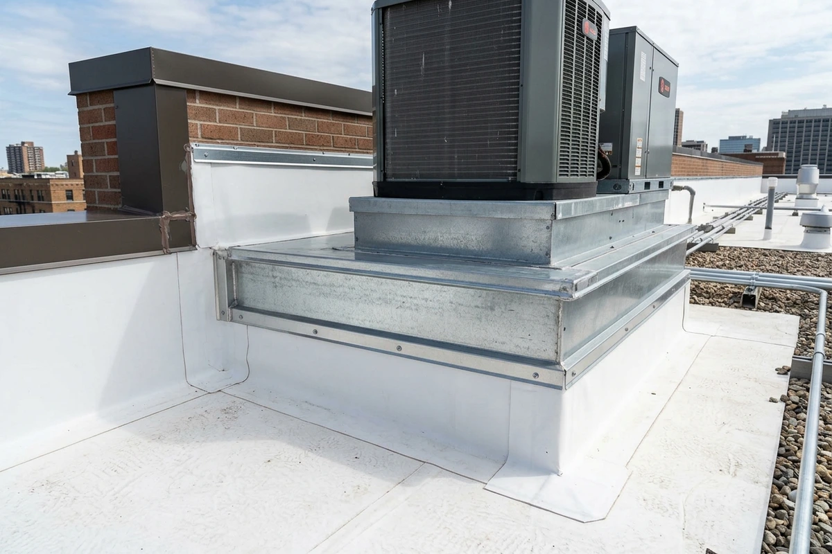 Multi-tier commercial HVAC curb flashings and parapet wall detail on a Atlanta roof