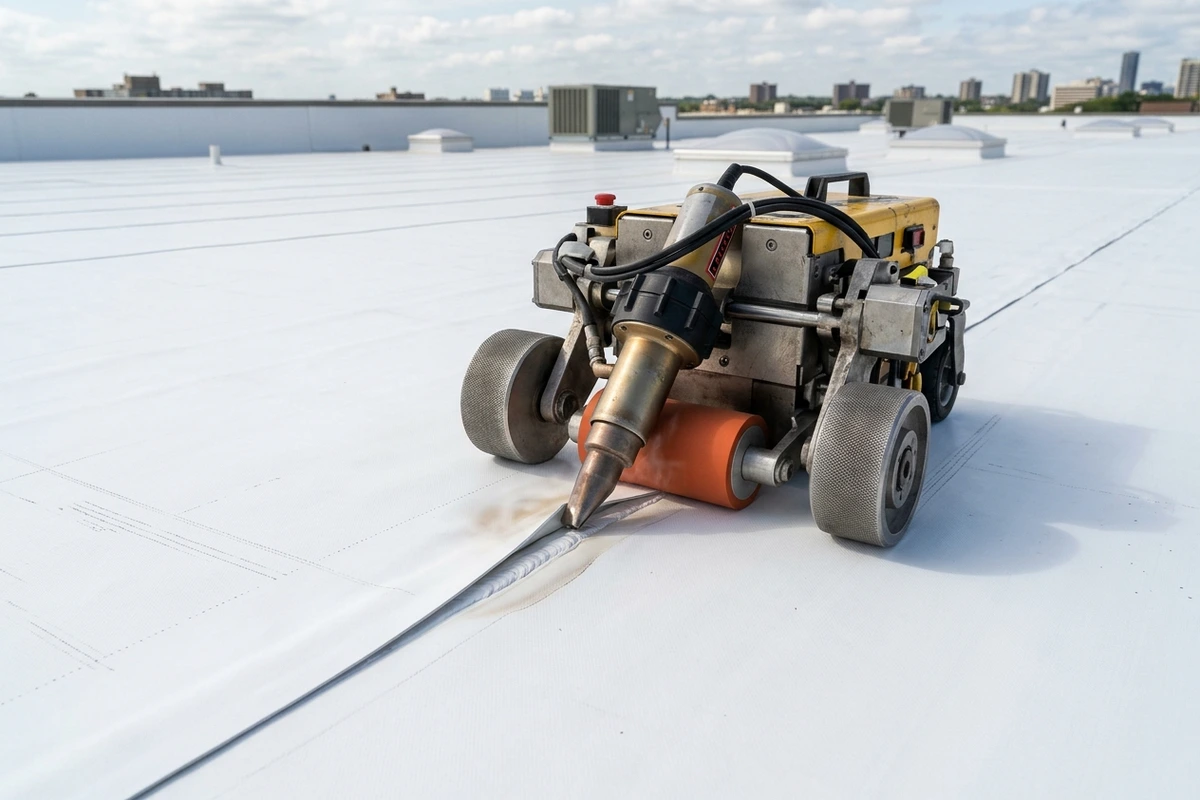 Robotic hot-air welding of a reflective white TPO commercial roof membrane in Atlanta